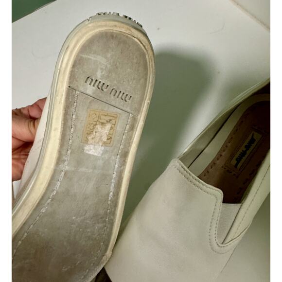 Miu Miu Platform Slip on Sneakers White Leather Silver Toe Cap - Picture 3 of 8